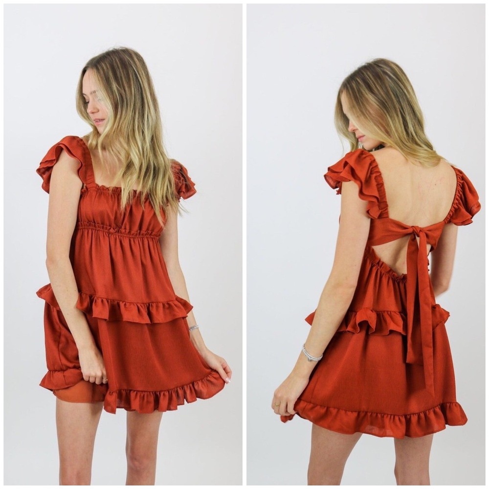 WeWoreWhat Flirty Ruffle Mini‎ Dress Rust Orange Tiered Open Back Tie Size Large